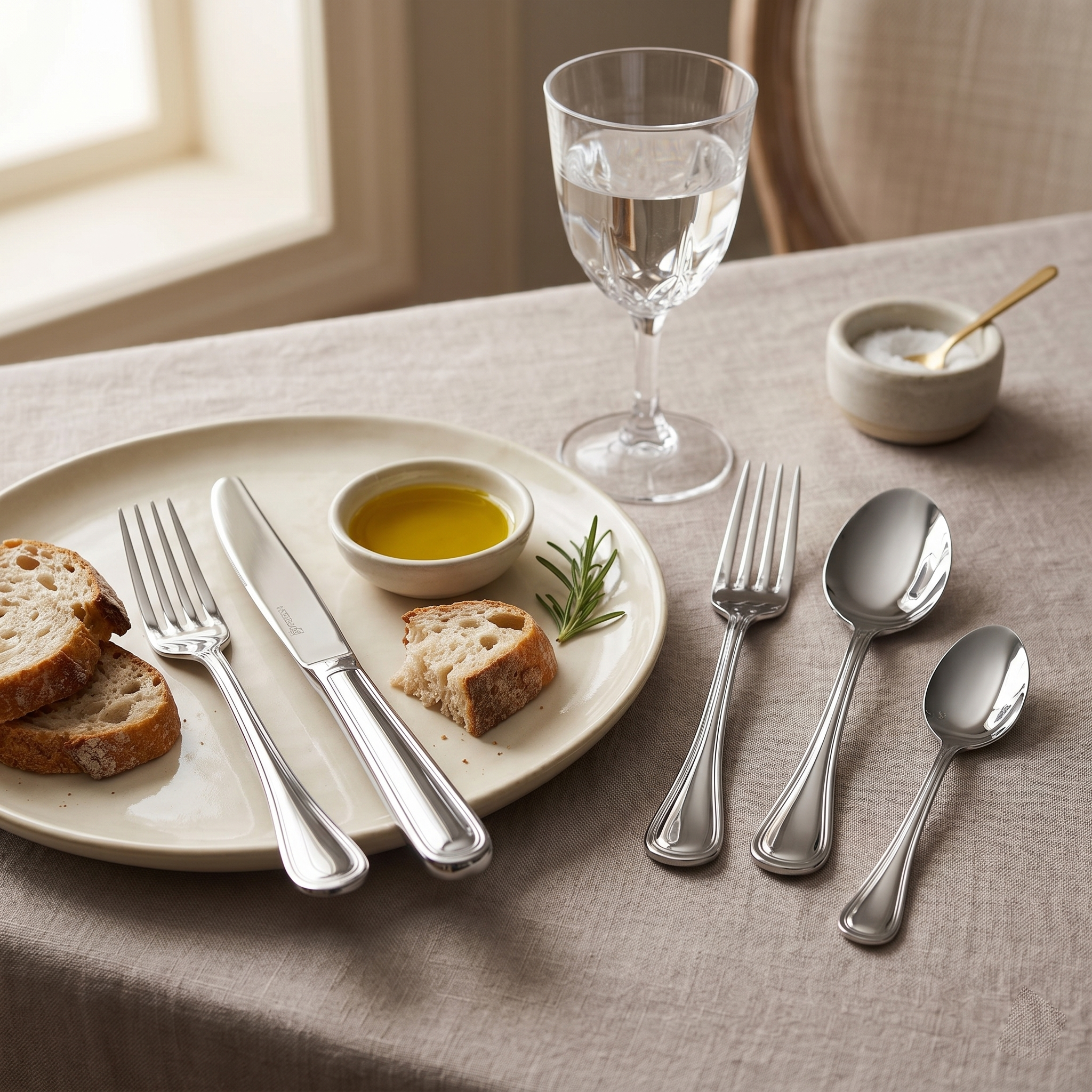 Montaje de mesa majestuoso para un banquete formal en el salón de un hotel servido con la cubertería profesional Filet de Fortessa.