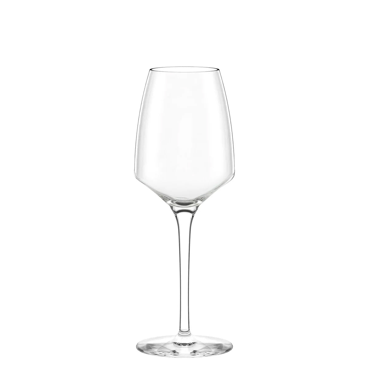 Copa de vino blanco de la colección Experience de Stölzle Lausitz, mostrando su moderno cáliz en V y tallo extraído en cristal transparente sin plomo.