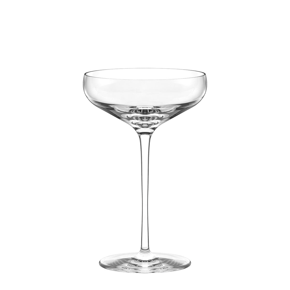 Copa de Champagne Coupe de la colección Swing de Stölzle Lausitz, mostrando su amplio cáliz abierto y diseño retro en cristal transparente sin plomo.