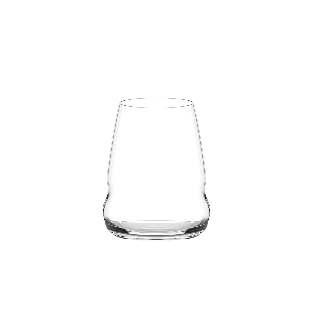 Vaso de vino tinto sin tallo de la colección Cocoon de Stölzle Lausitz, mostrando su base amplia y paredes extra finas en cristal transparente.