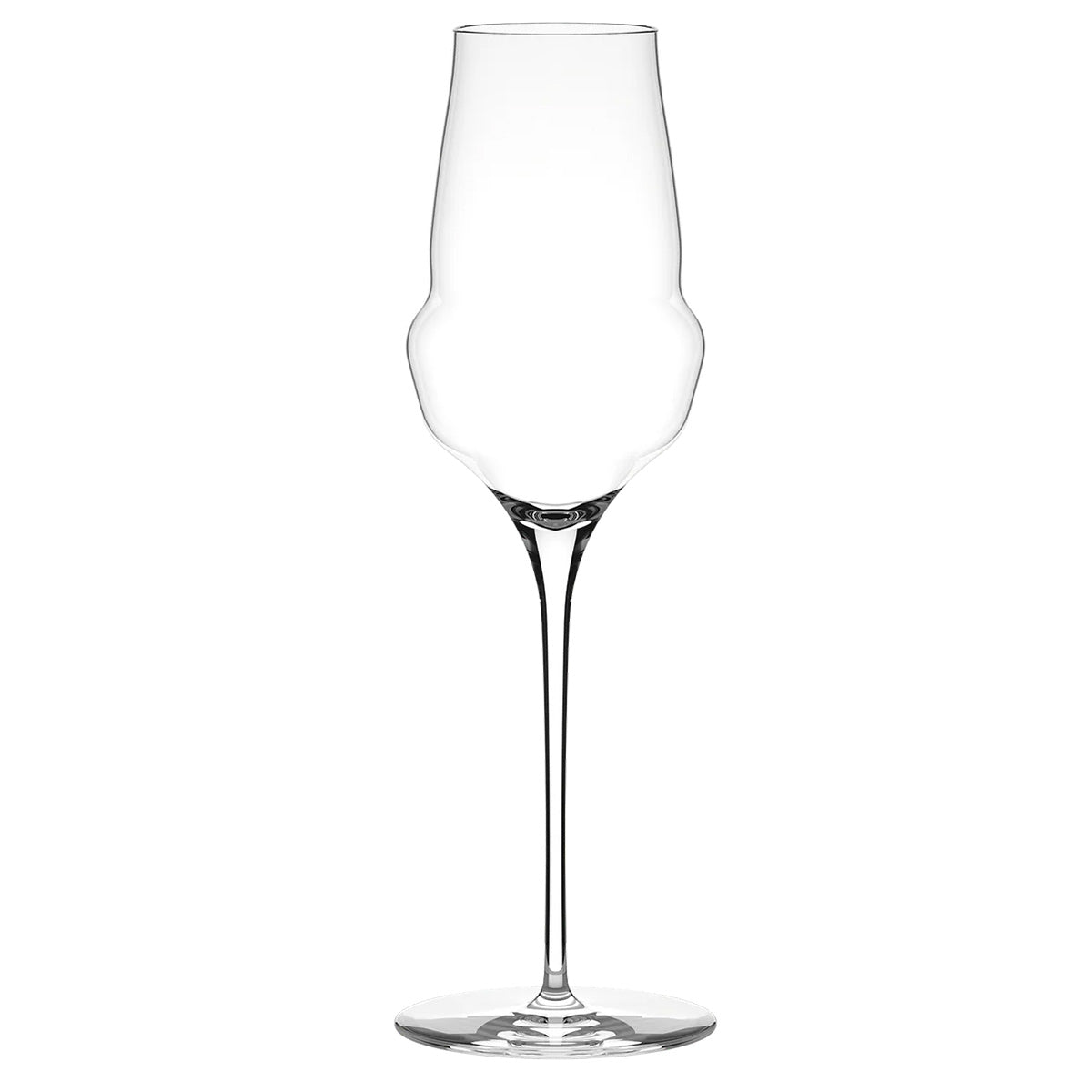 Copa de Champagne de la colección Cocoon de Stölzle Lausitz, mostrando su diseño moderno de base amplia y paredes extra finas en cristal transparente.