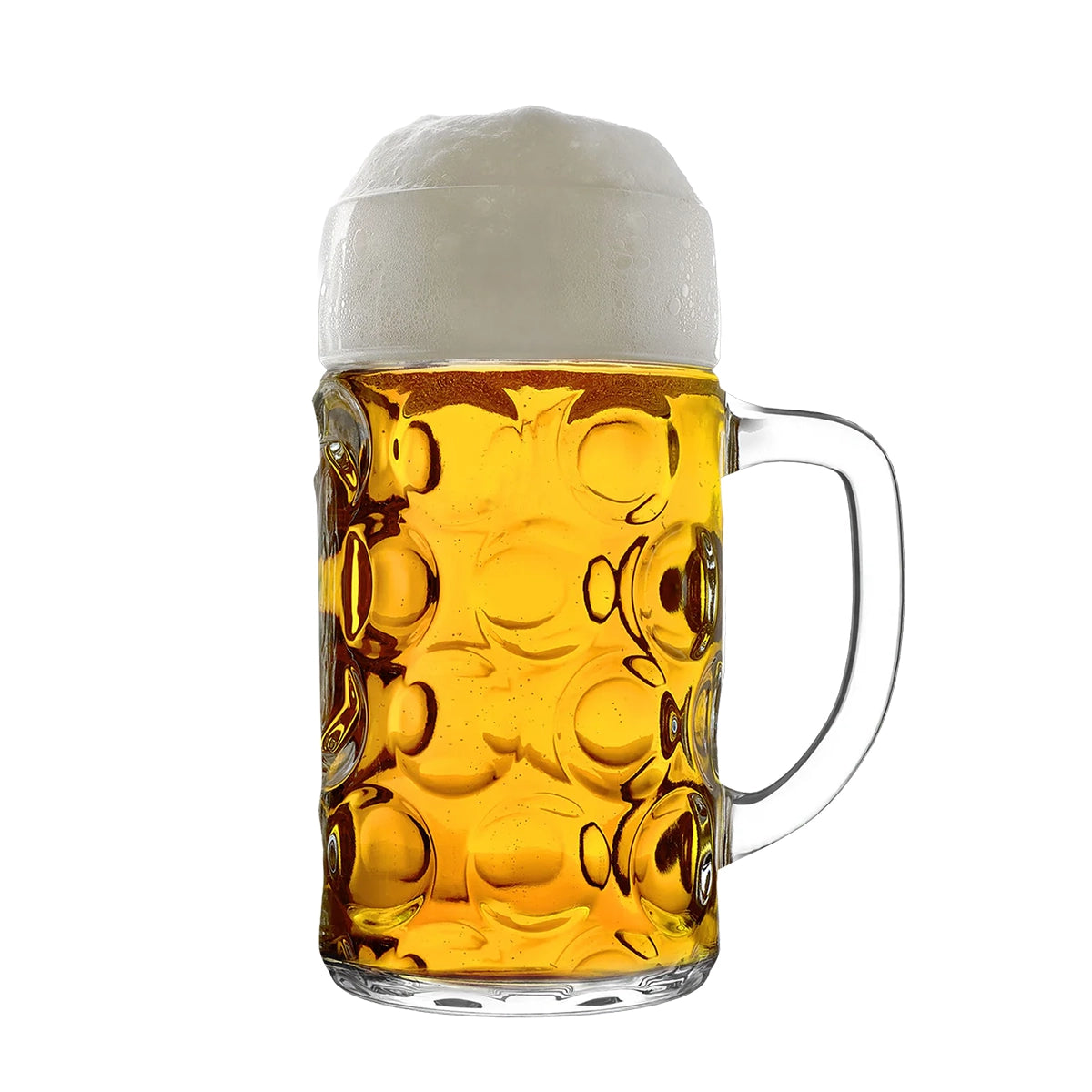 Jarra Isar Stölzle Lausitz servida con cerveza fría y espuma, destacando los reflejos dorados a través de sus paneles circulares.