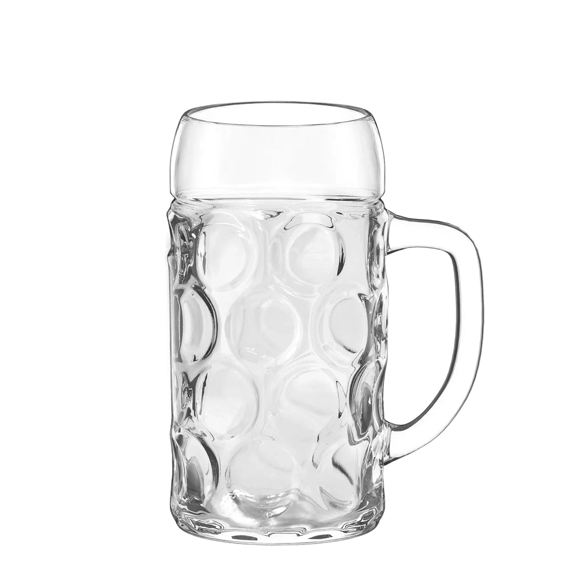 Jarra de cerveza Isar de Stölzle Lausitz, mostrando su diseño clásico de hoyuelos y asa ergonómica en cristal transparente.