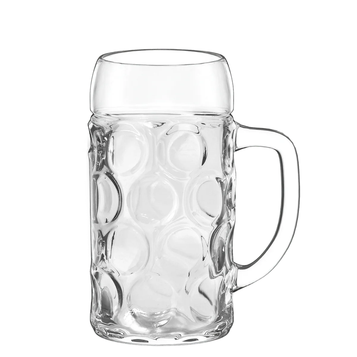 Jarra de cerveza Isar de Stölzle Lausitz, mostrando su diseño clásico de hoyuelos y asa ergonómica en cristal transparente.