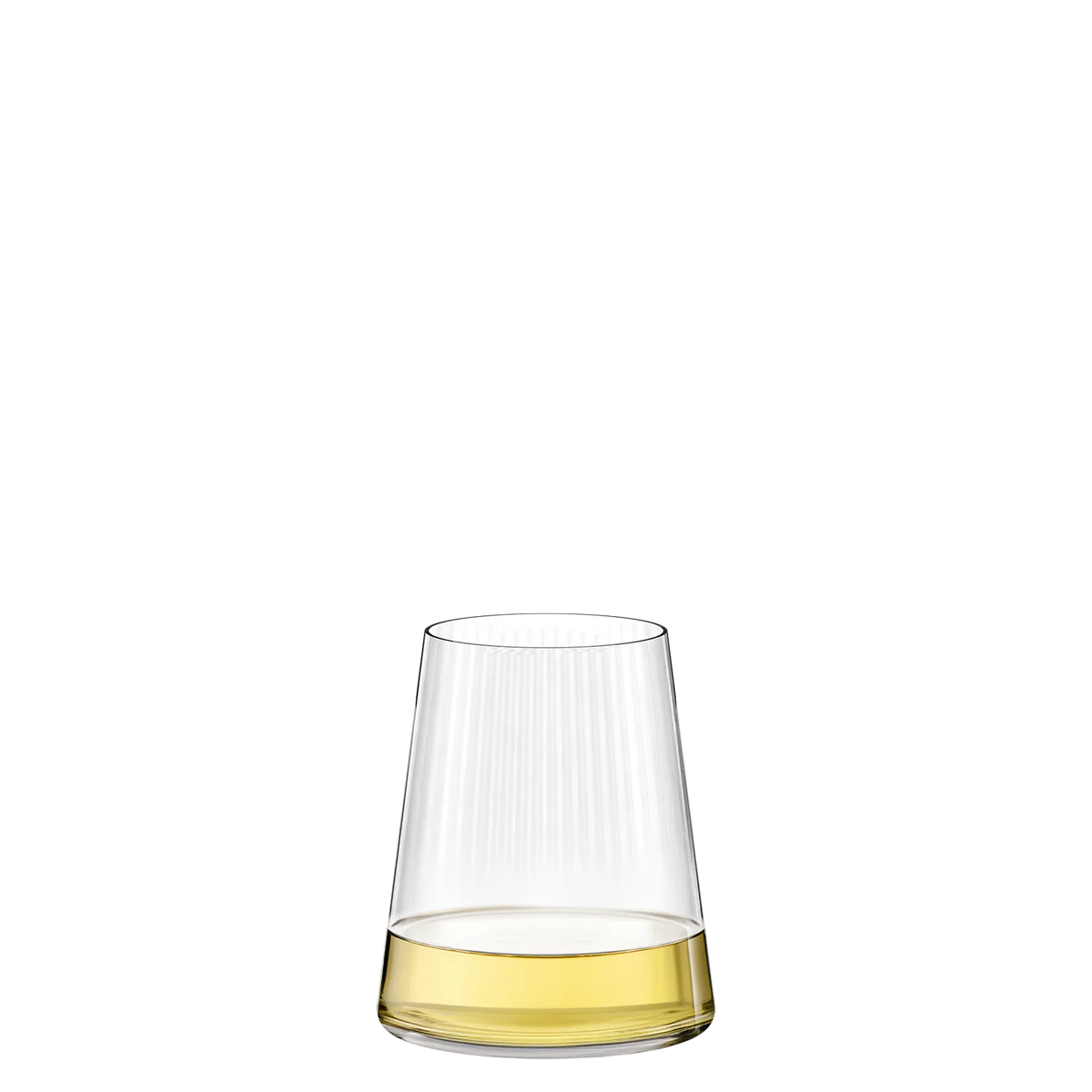 Vaso de vino blanco Symphony Stölzle Lausitz servido con un vino dorado, destacando los reflejos de la textura óptica y la claridad del cristal.