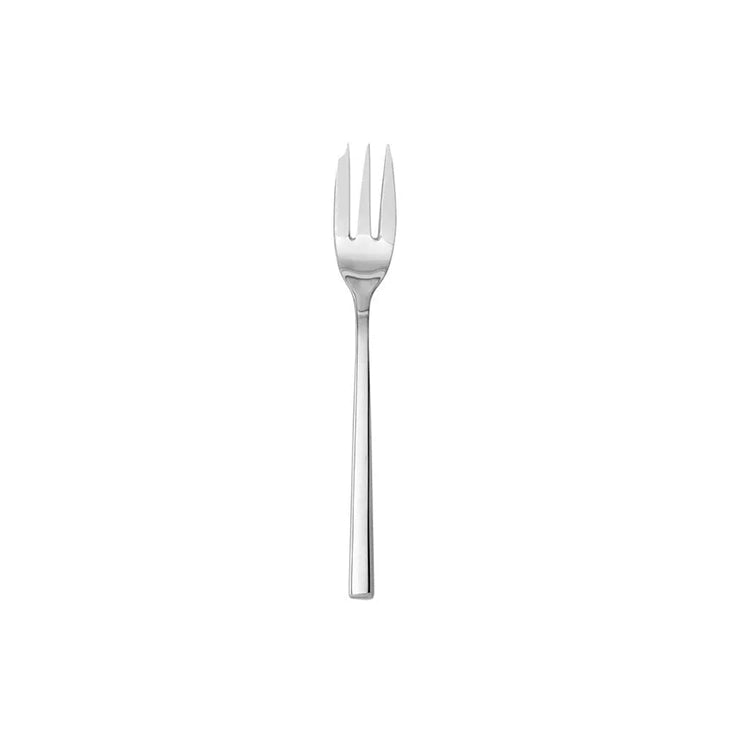 Tenedor para ponqué en acero inoxidable 18/10 de la colección Arezzo de Fortessa, mostrando su pulido espejo y mango de base cuadrada.