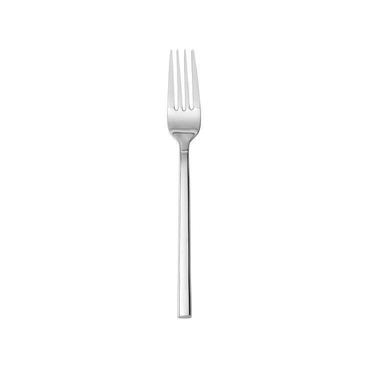 Tenedor de mesa principal en acero inoxidable 18/10 de la colección Arezzo de Fortessa, mostrando su pulido espejo y mango de base cuadrada.