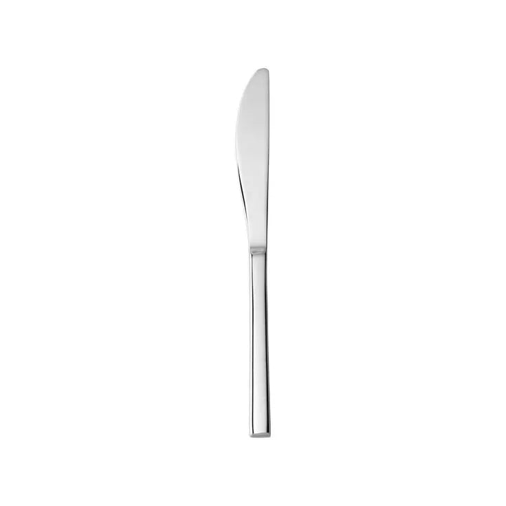Cuchillo de mesa principal SH (mango sólido) en acero inoxidable de la colección Arezzo de Fortessa, mostrando su pulido espejo y mango de base cuadrada.