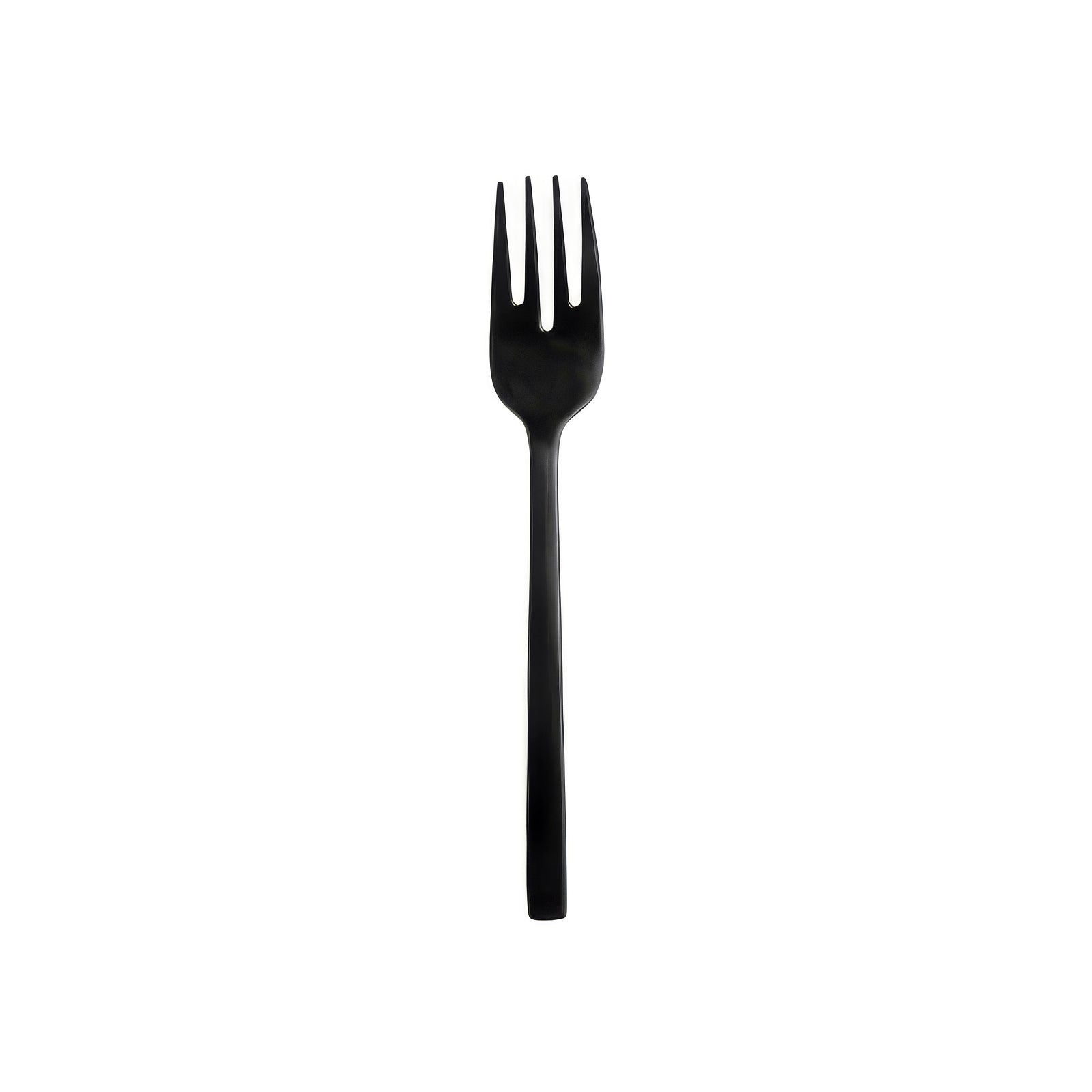 Tenedor de ensalada y postre en acabado negro satinado PVD de la colección Arezzo Brushed Black de Fortessa, mostrando su mango de base cuadrada.
