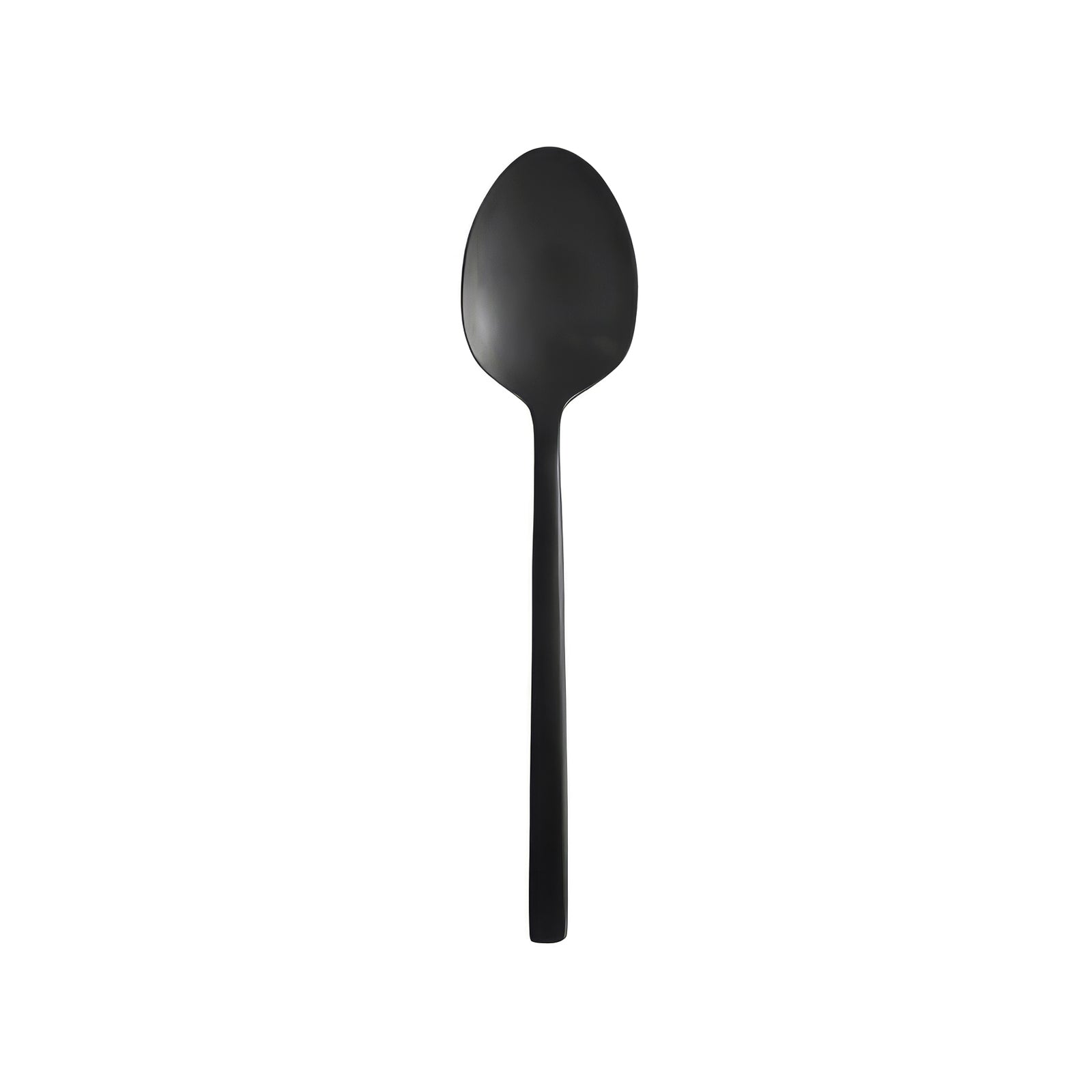 Cuchara de consomé en acabado negro satinado PVD de la colección Arezzo Brushed Black de Fortessa, mostrando su cuenco redondo y mango de base cuadrada.