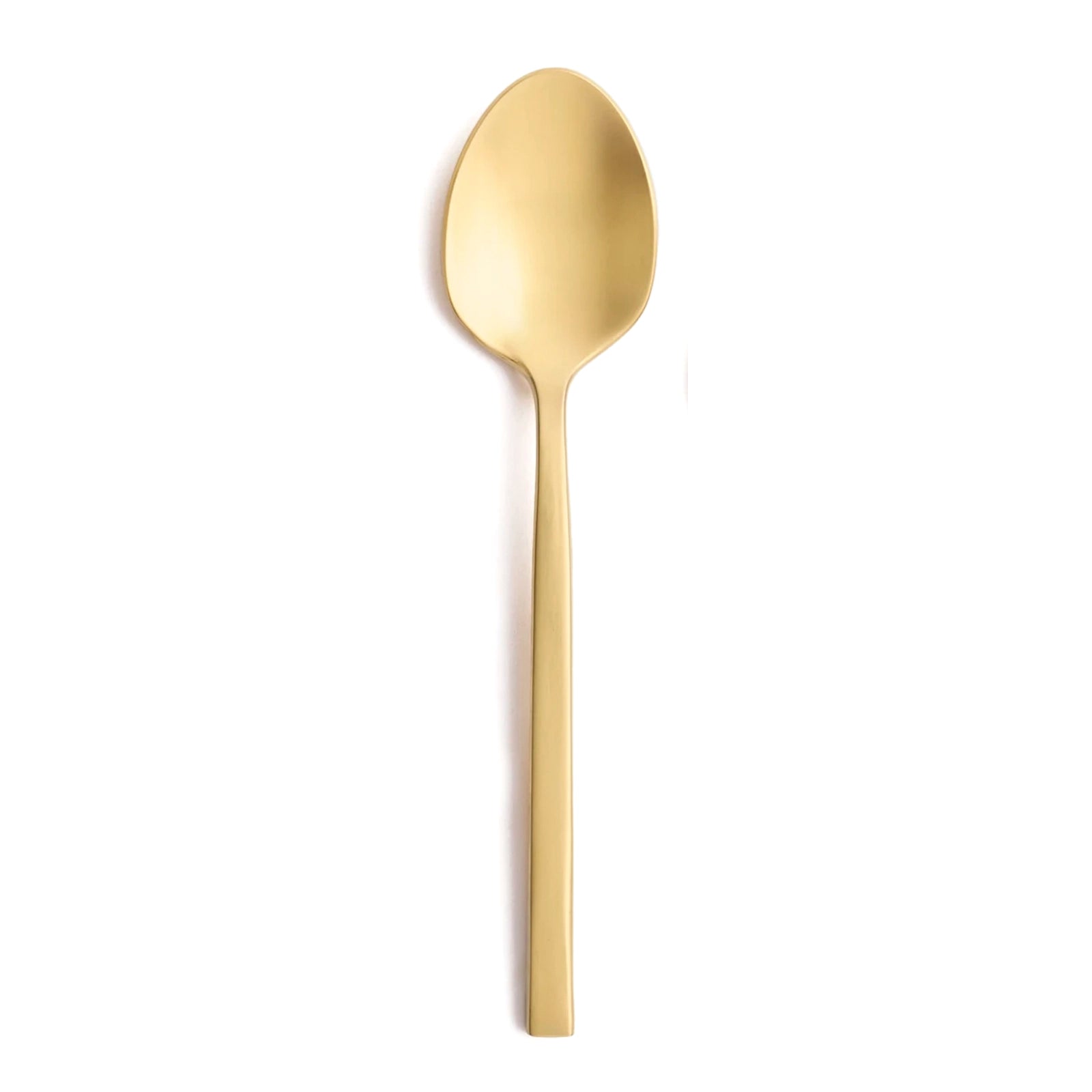 Cuchara para servir de gran formato en acabado oro satinado PVD de la colección Arezzo Brushed Gold de Fortessa, mostrando su estructura robusta.