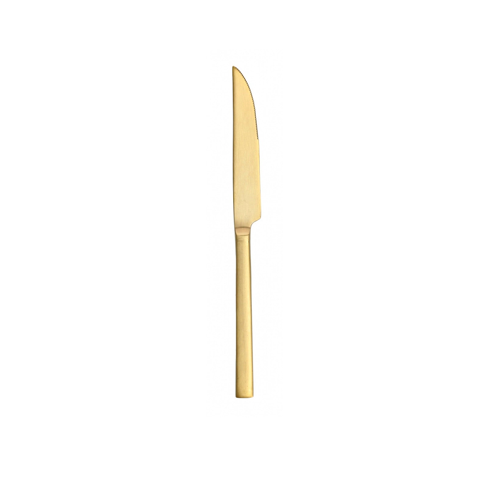 Cuchillo para carne SH (mango sólido) en acabado oro satinado PVD de la colección Arezzo Brushed Gold de Fortessa, mostrando su robusta estructura monobloque.