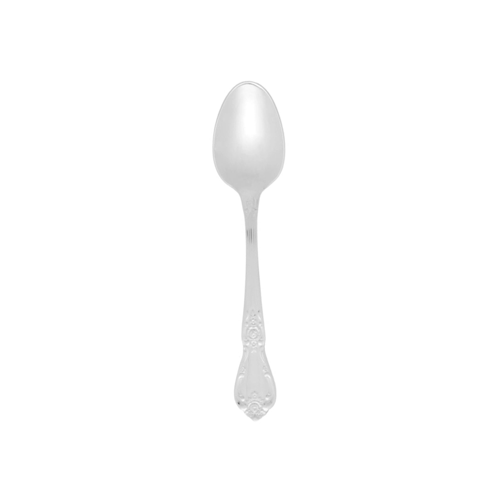 Vista individual de la cuchara para café y té Sophia Silver de 15.2 cm de Fortessa en acero inoxidable 18/10 pulido a espejo con mango de relieve clásico.