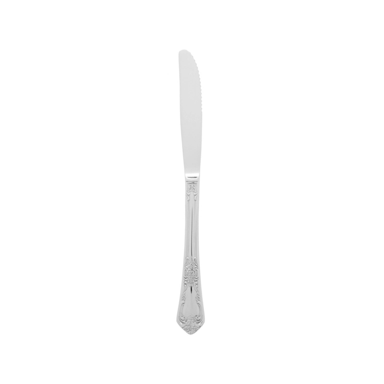 Vista individual del cuchillo de mesa Sophia Silver de 22.3 cm de Fortessa en acero inoxidable pulido a espejo con mango de relieve clásico