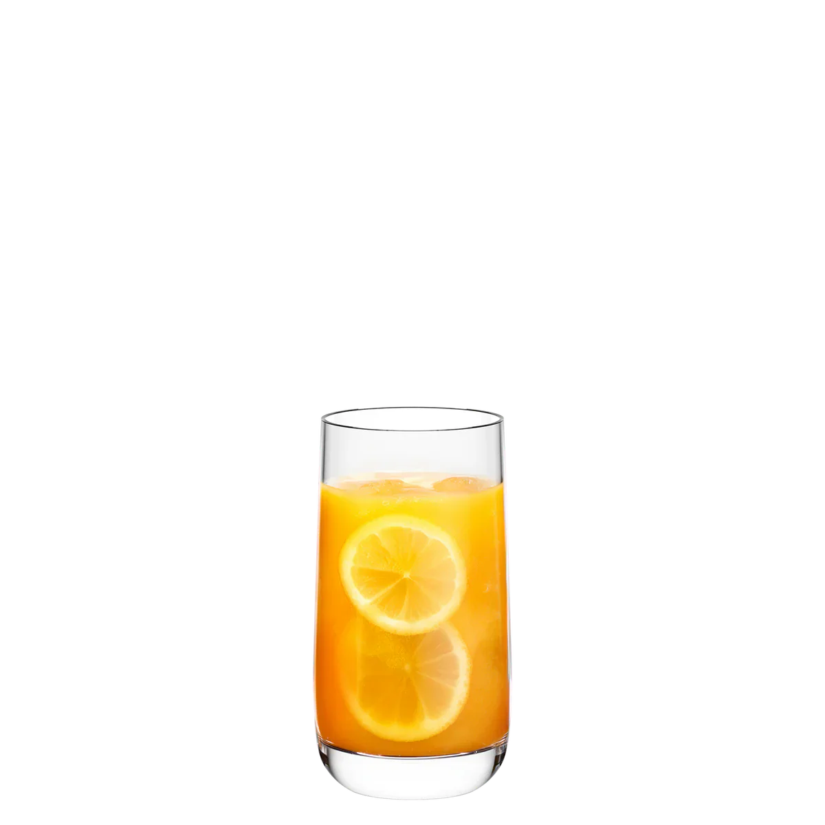 Vaso alto de jugo Weinland de Stolzle Lausitz con jugo de naranja fresco.