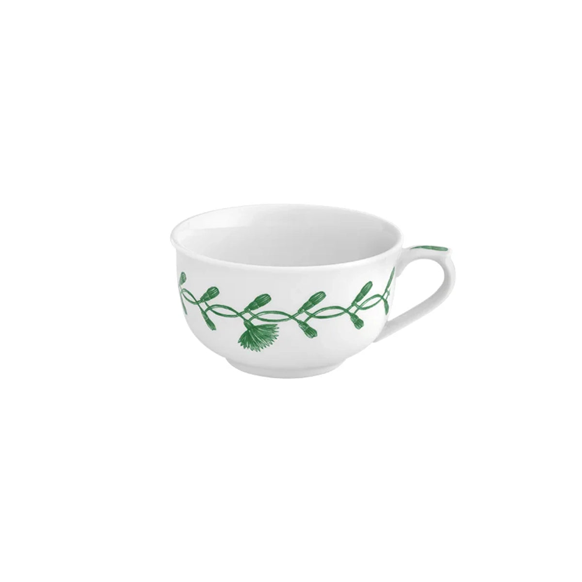 Vista lateral de la taza de té de 24 cl de porcelana blanca con ribete verde de la colección Jane Verde de Vista Alegre Hotelware para canal HORECA.