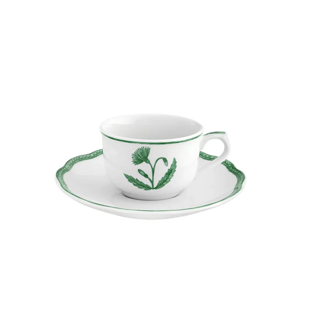 Vista en perspectiva del set de taza de café espresso de 10 cl con su plato en porcelana blanca con ribete verde de la colección Jane Verde de Vista Alegre Hotelware para canal HORECA.