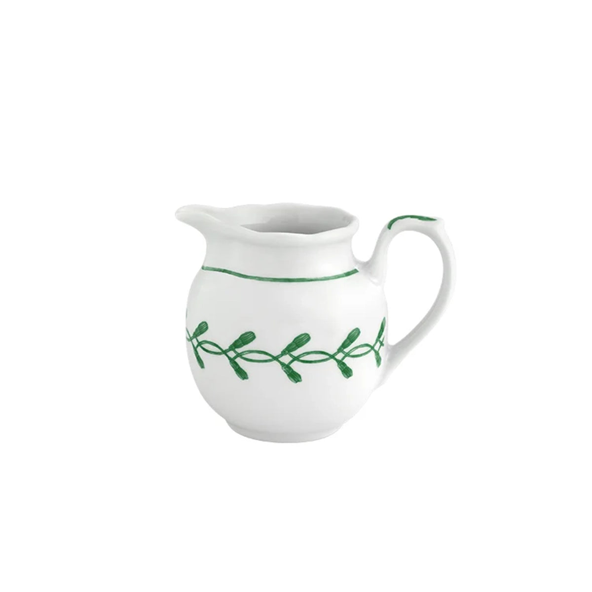 Vista lateral de la jarra de leche mediana de 19 cl en porcelana blanca con ribete verde de la colección Jane Verde de Vista Alegre Hotelware para canal HORECA.