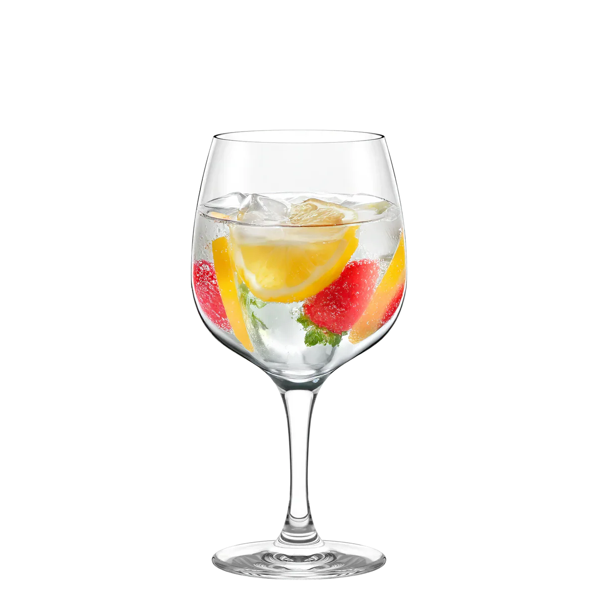 Copa Gin Tonic Bar Basic de Stölzle Lausitz llena con un gin tonic y hielo, destacando su capacidad y cómo realza la bebida.