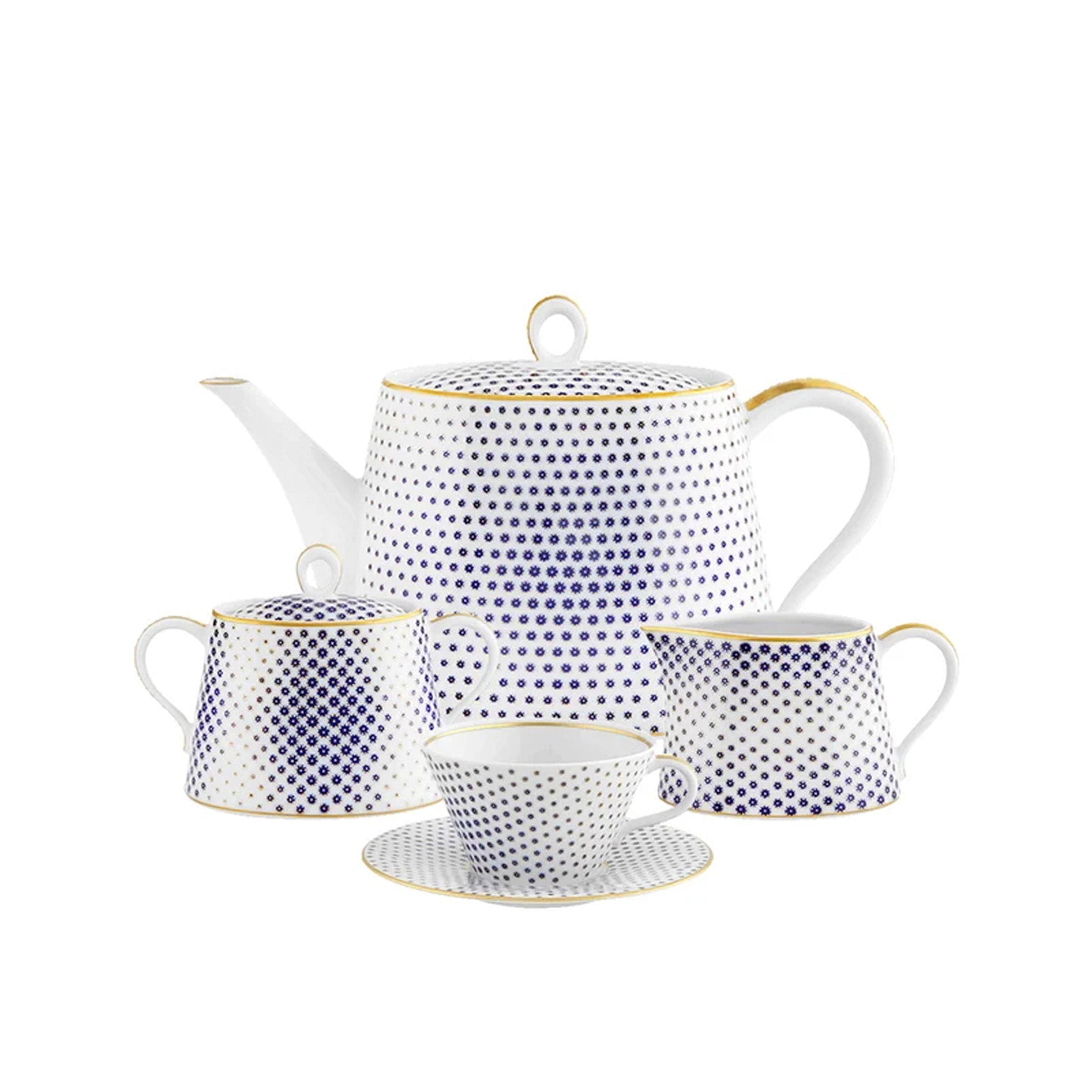 Juego de té de porcelana fina con tetera, tazas y platos con el diseño constelletion d'or con borde en oro.