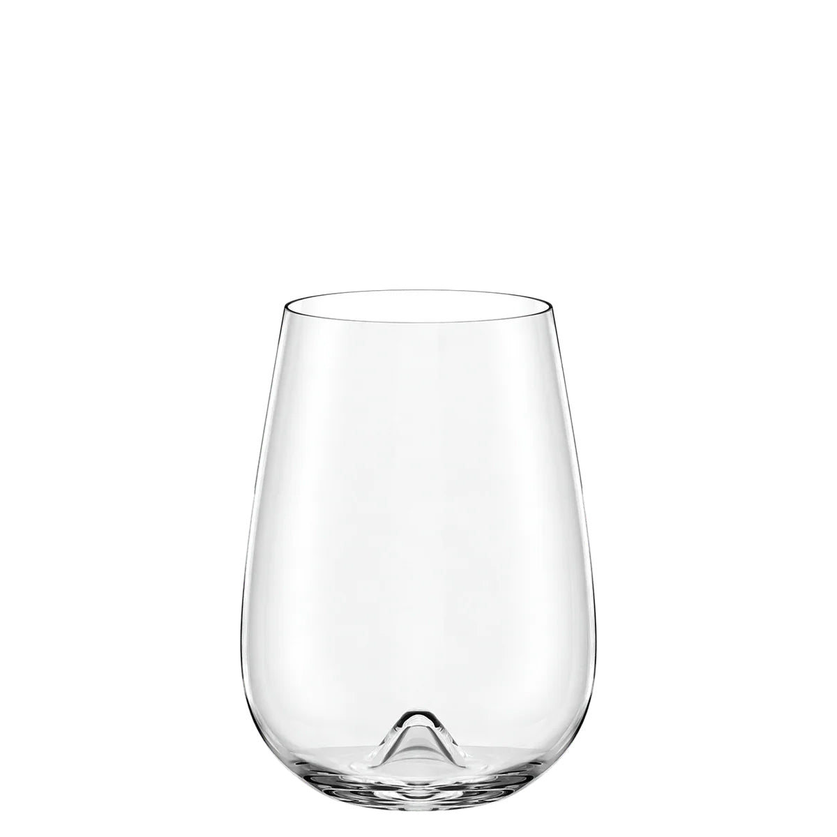 Detalle de la base ancha y el diseño "Stemless" del vaso de vino grande Vulcano, ilustrando su silueta moderna y su alta resistencia mecánica.