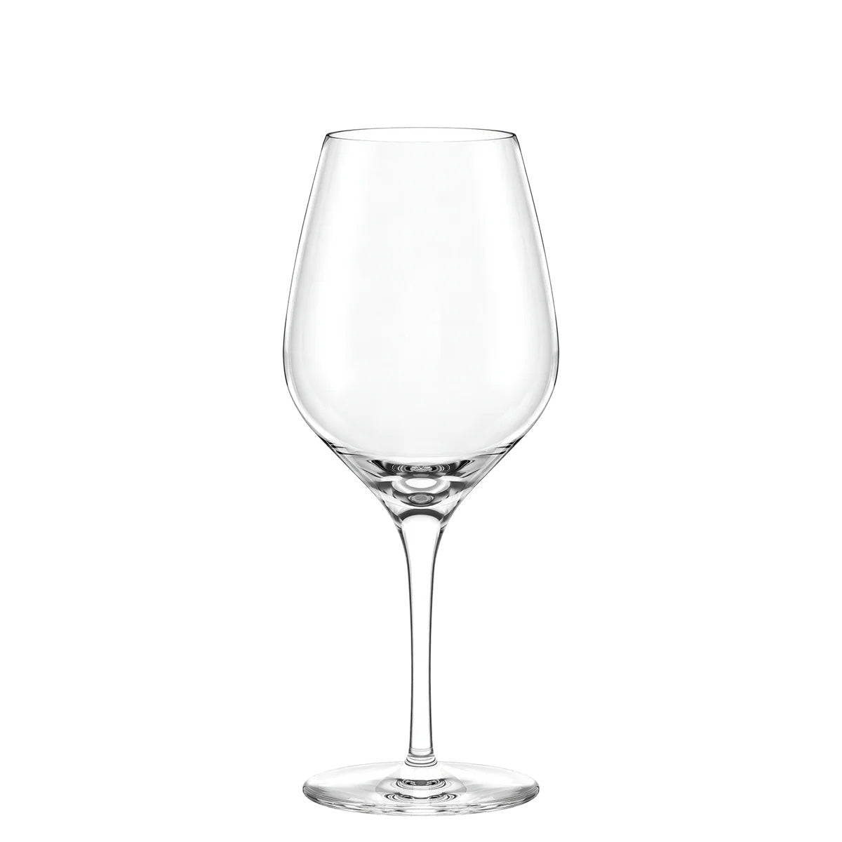 Copa de vino tinto Exquisit de Stölzle Lausitz destacando el brillo inmaculado y su silueta de tallo estirado sin uniones.