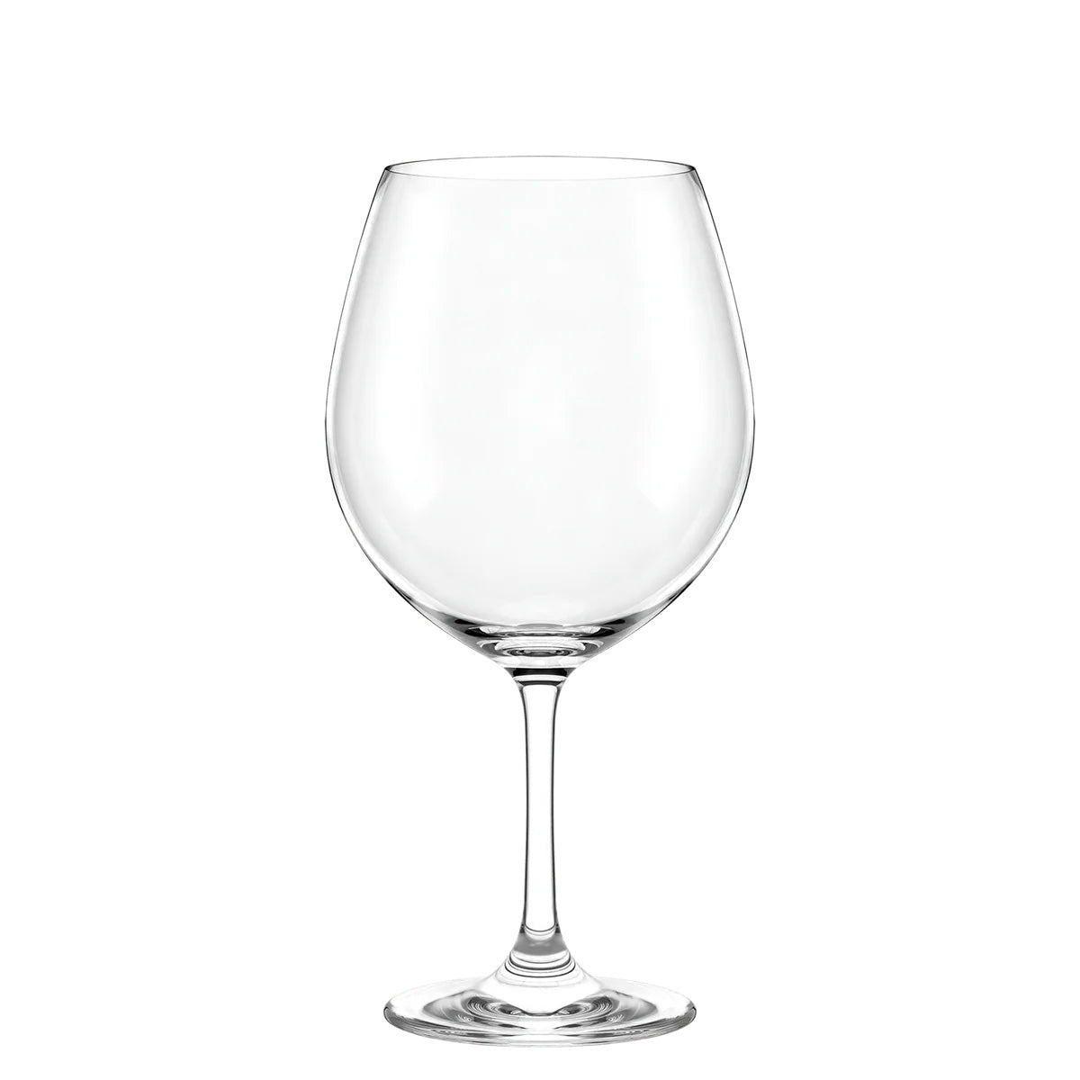 Imagen de la marcada silueta esférica y el tallo sólido de la copa de vino tinto Borgoña Classic, ilustrando su diseño para capturar aromas sutiles y su alta resistencia.