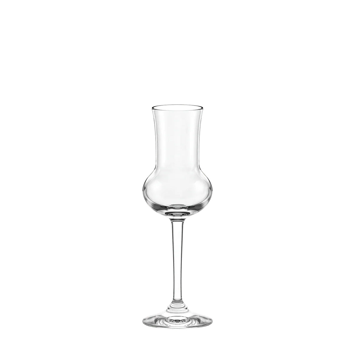 Copa de destilados y grappa de la colección Professional de Stölzle Lausitz, mostrando su base abombada y chimenea alta en cristal transparente sin plomo.
