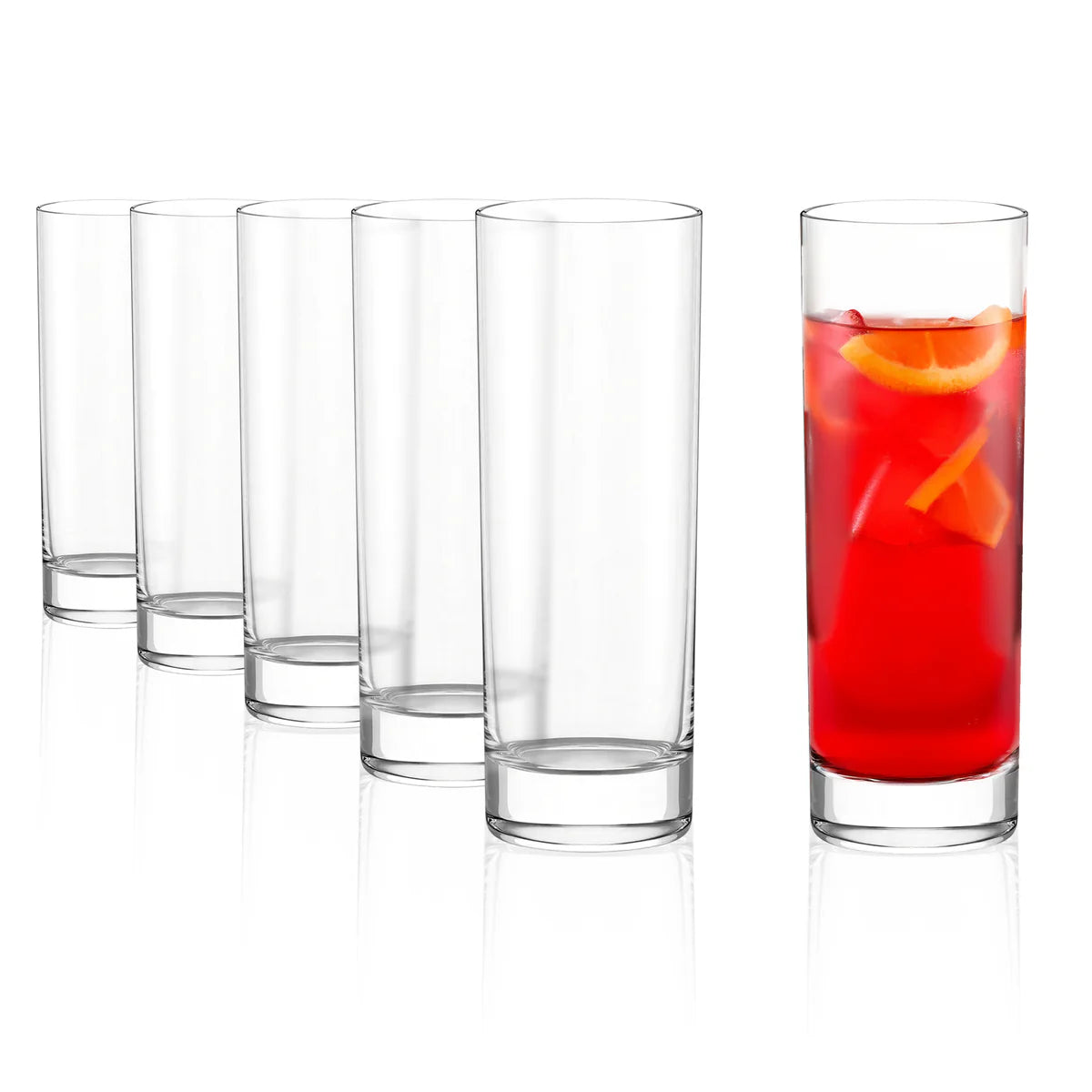 Detalle del fondo pesado y el acabado brillante de los vasos Campari, ilustrando su robustez y calidad de fabricación alemana.