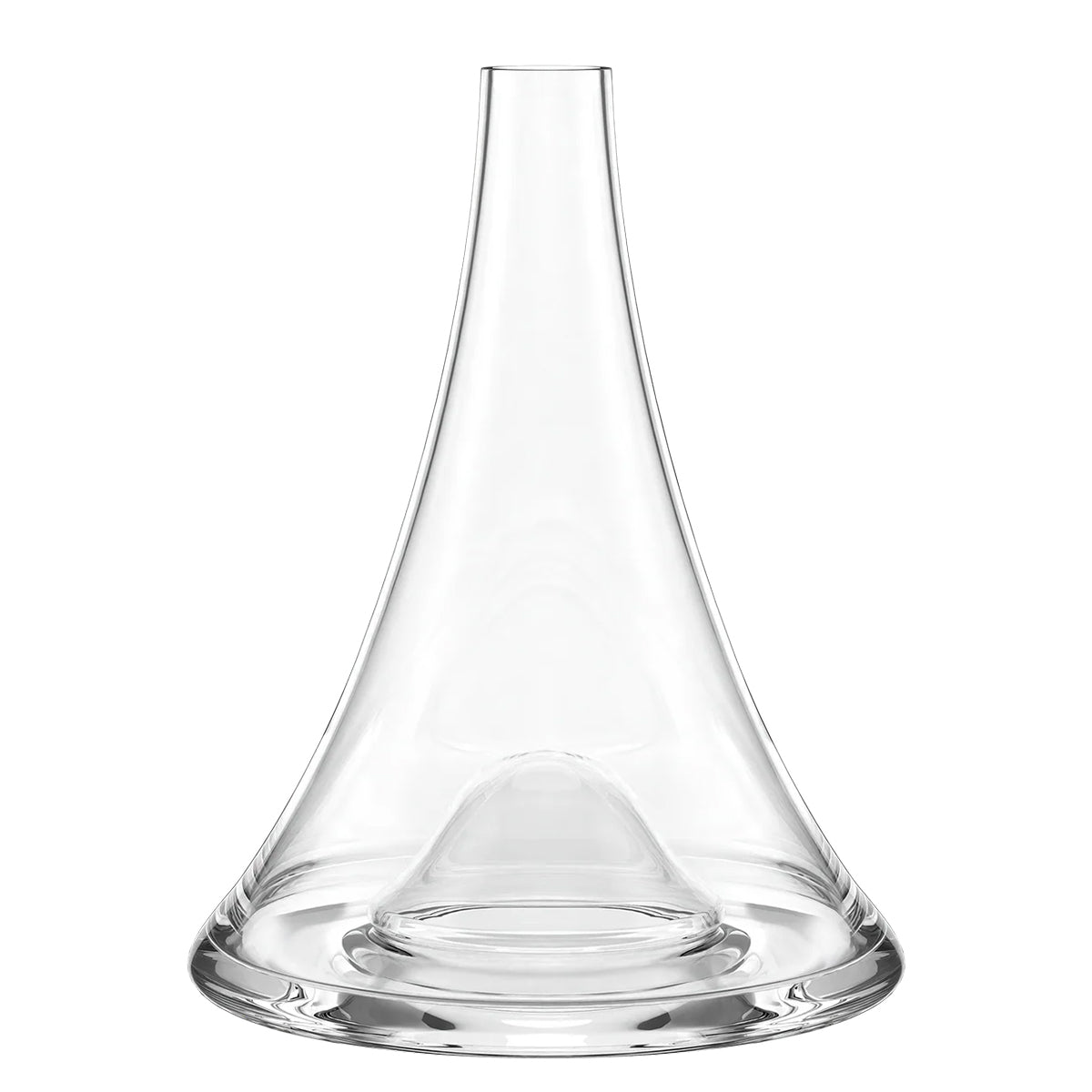 Decantador de vino Erebus Vulkanos de Stölzle Lausitz, mostrando su base extra ancha y su elevación cónica central en cristal transparente sin plomo.