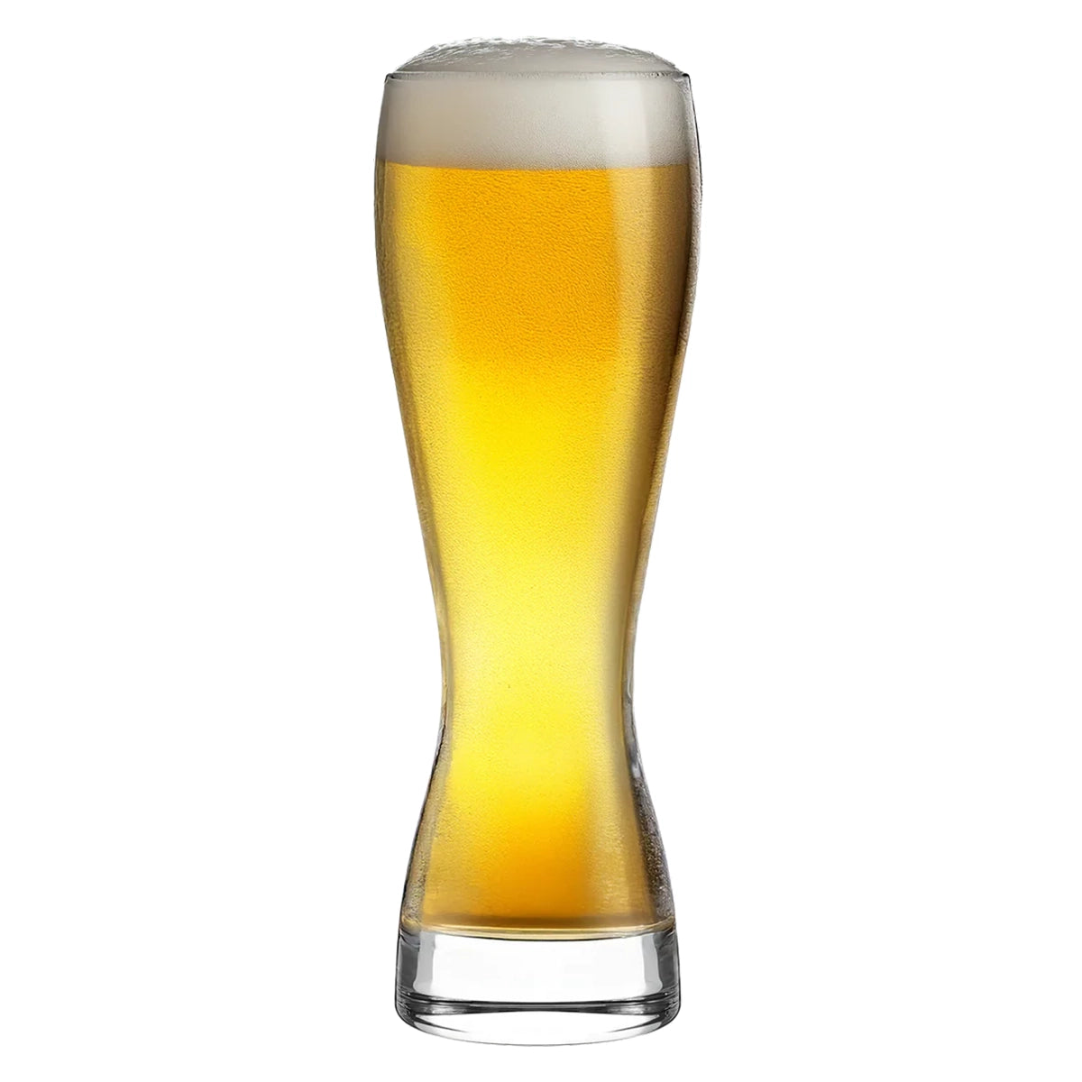 Vaso de cerveza Weizen Stölzle Lausitz servido con una densa corona de espuma, destacando su transparencia y diseño técnico.