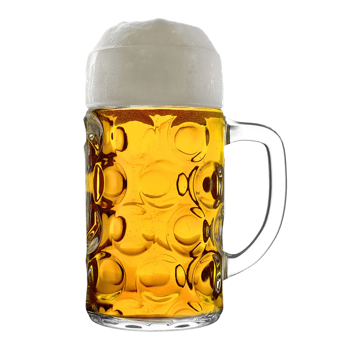 Jarra Isar Stölzle Lausitz servida con cerveza fría y espuma, destacando los reflejos dorados a través de sus paneles circulares.