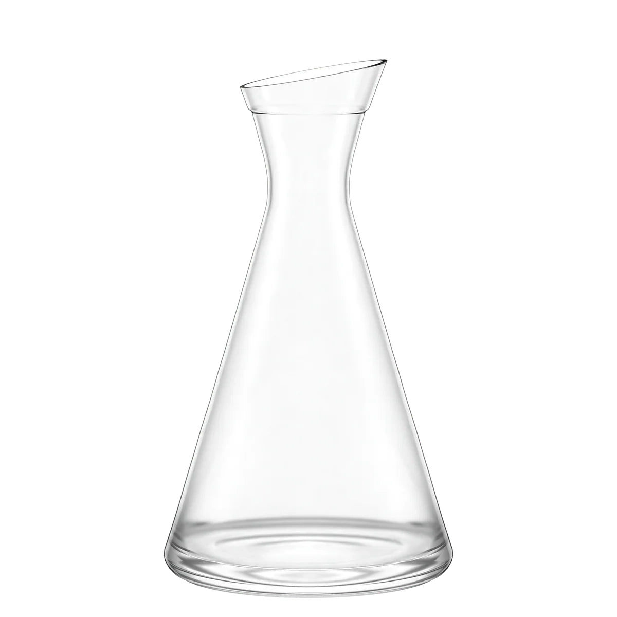 Jarra de cristal Pisa de Stölzle Lausitz, mostrando su característico cuello inclinado y silueta asimétrica en cristal transparente.