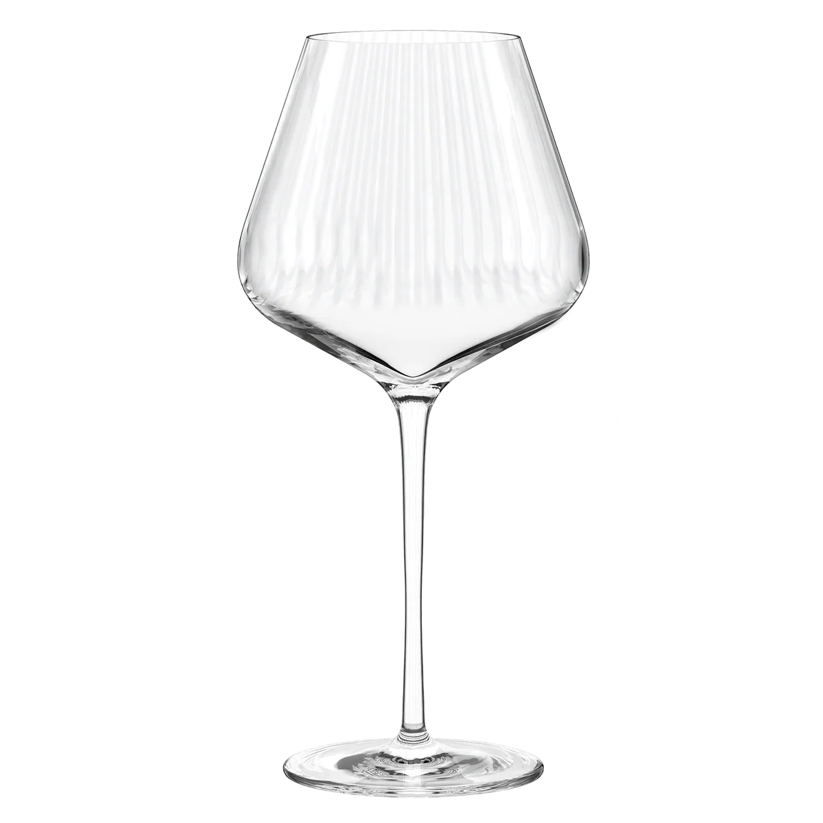 Copa de vino Borgoña de la colección Symphony de Stölzle Lausitz, mostrando su cáliz ancho y esférico con líneas verticales internas.