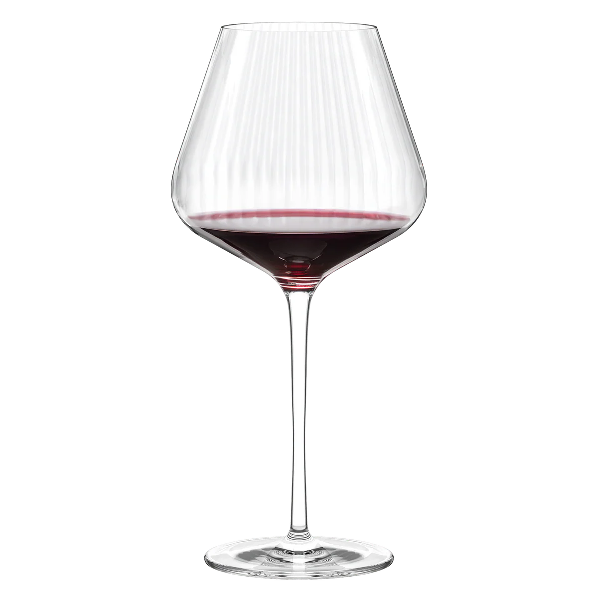 Copa de vino Borgoña Symphony Stölzle Lausitz servida con un tinto delicado, destacando los reflejos de la textura óptica y su brillo.