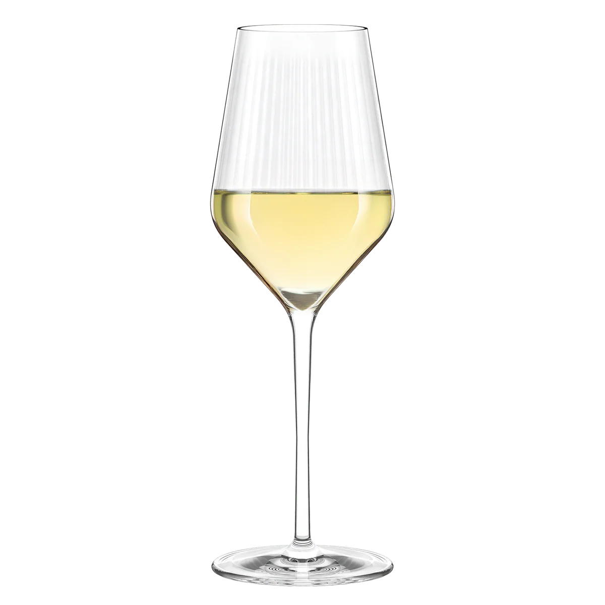 Copa de vino blanco Symphony Stölzle Lausitz servida con un vino dorado, destacando los reflejos de la textura óptica y la elegancia del tallo.