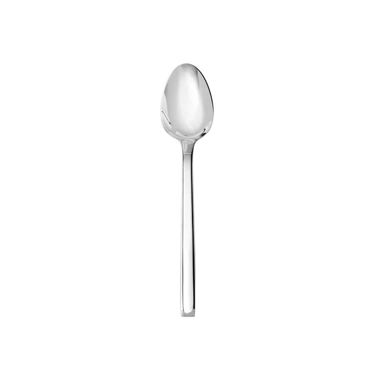 Cuchara de postre en acero inoxidable 18/10 de la colección Arezzo de Fortessa, mostrando su pulido espejo y mango de base cuadrada.