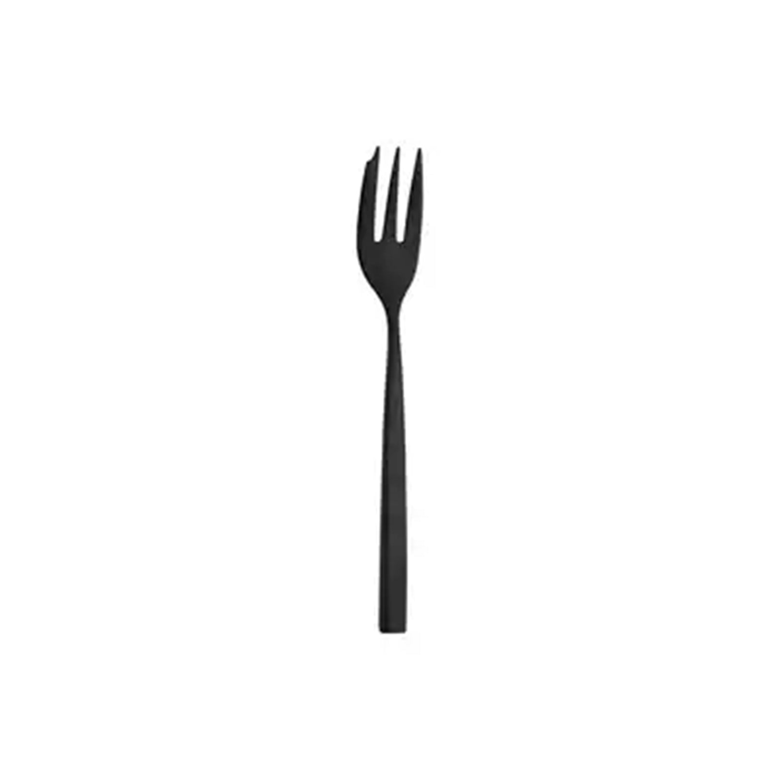 Tenedor para ponqué en acabado negro satinado PVD de la colección Arezzo Brushed Black de Fortessa, mostrando su estructura de mango de base cuadrada.