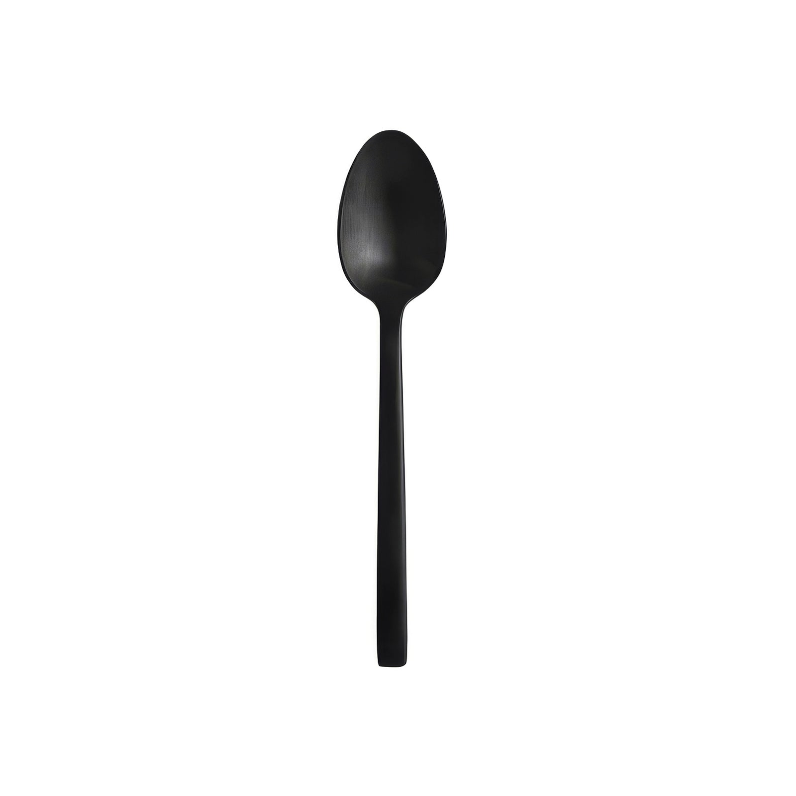 Cuchara de postre en acabado negro satinado PVD de la colección Arezzo Brushed Black de Fortessa, mostrando su mango de base cuadrada.