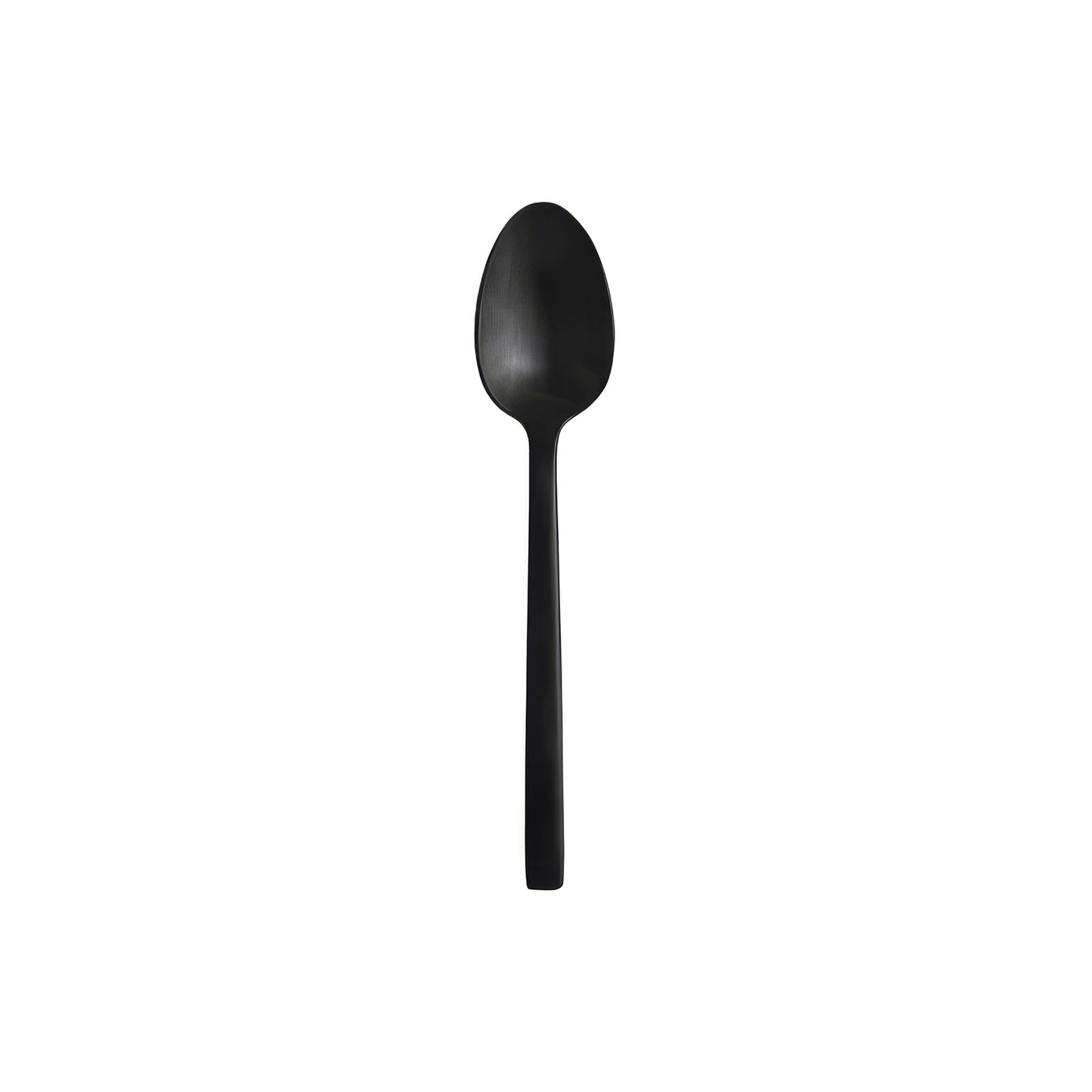 Cuchara de té en acabado negro satinado PVD de la colección Arezzo Brushed Black de Fortessa, mostrando su mango de base cuadrada.