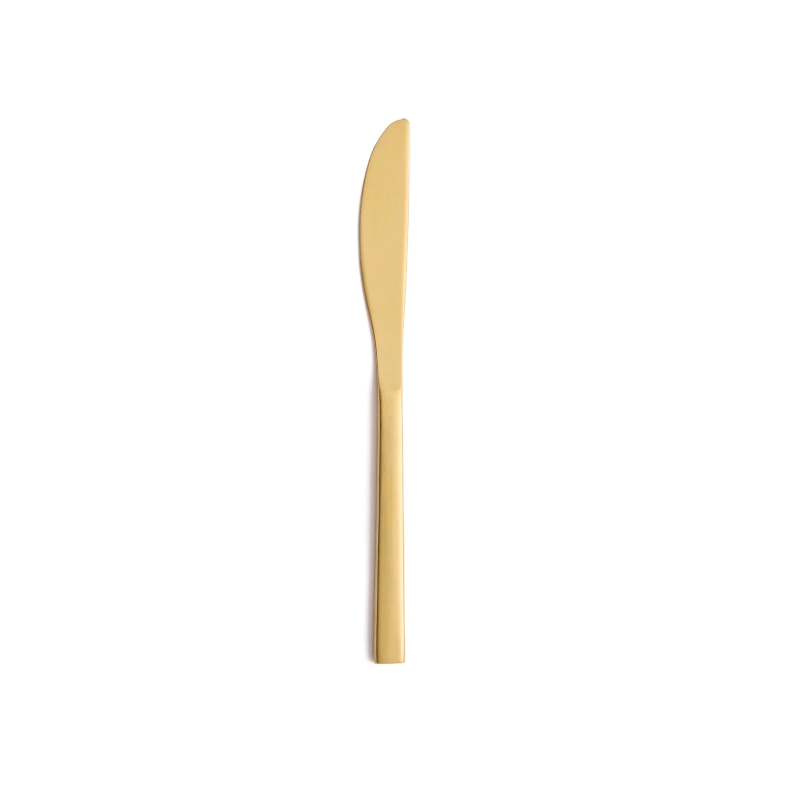 Detalle del filo de sierra fino y la textura cepillada color oro mate de un cuchillo de postre monobloque Arezzo Gold de Fortessa para hostelería profesional.