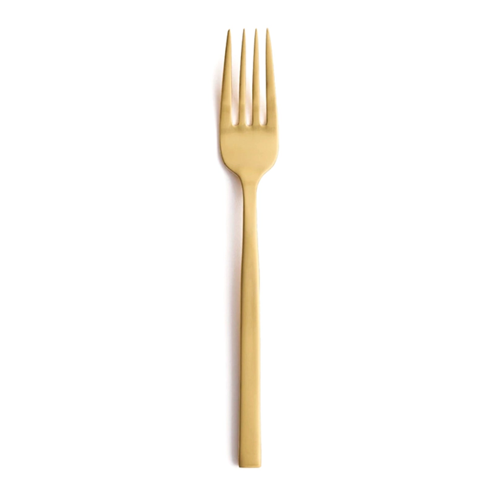 Tenedor para servir de gran formato en acabado oro satinado PVD de la colección Arezzo Brushed Gold de Fortessa, mostrando su estructura de mango cuadrado.