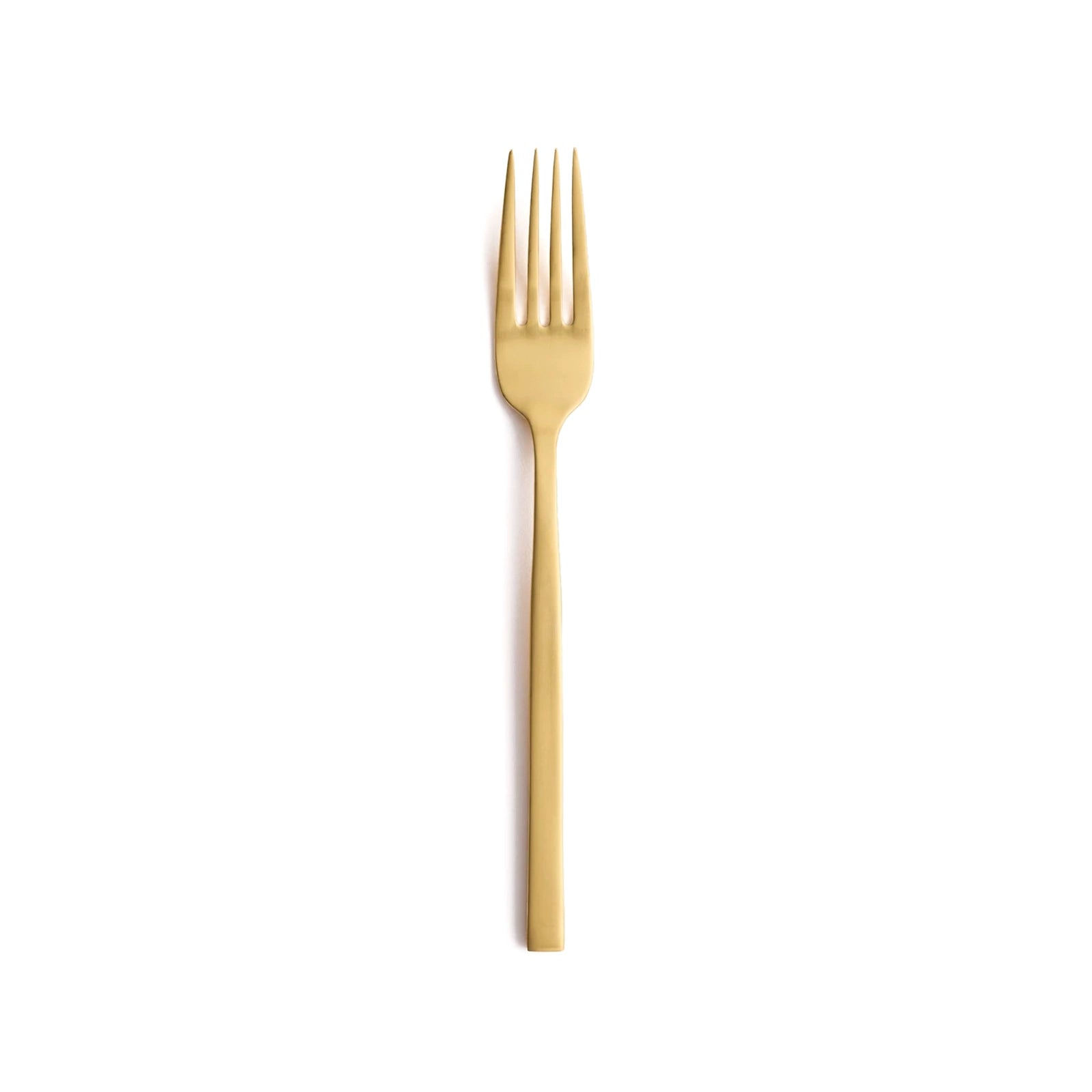Tenedor de mesa principal en acabado oro satinado PVD de la colección Arezzo Brushed Gold de Fortessa, mostrando su estructura de mango cuadrado.