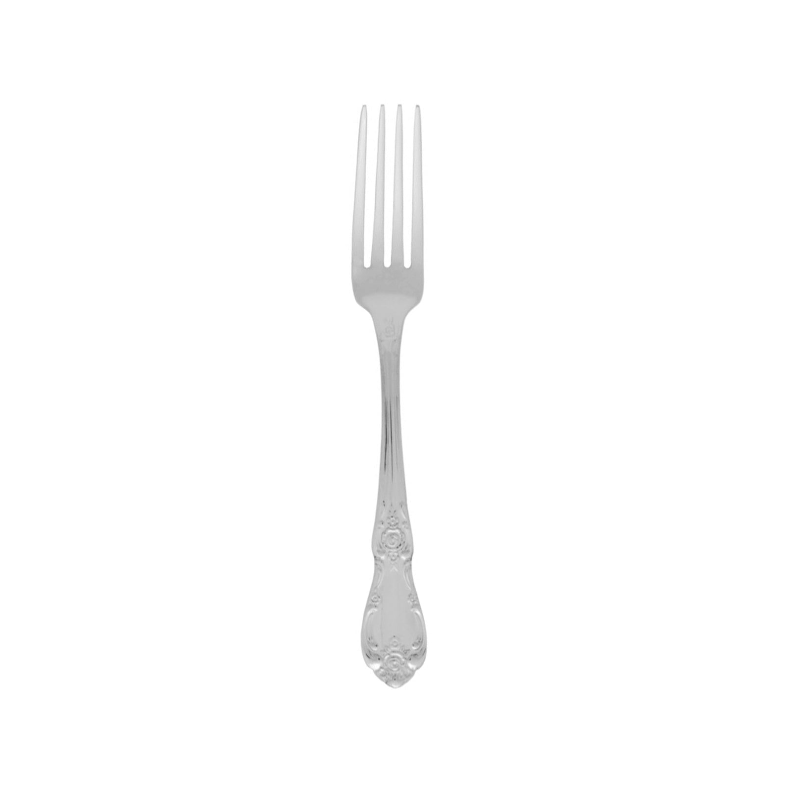 Vista individual del tenedor de mesa Sophia Silver de 18.5 cm de Fortessa en acero inoxidable 18/10 pulido a espejo con mango de relieve clásico.