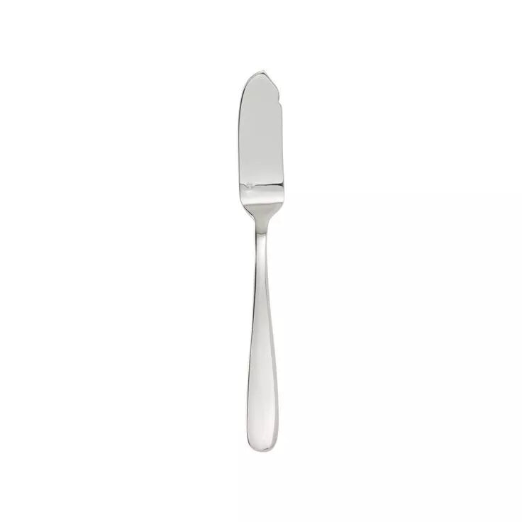 Cuchillo para pescado en acero inoxidable 18/10 de la colección Grand City de Fortessa, mostrando su hoja roma tipo pala y pulido espejo.