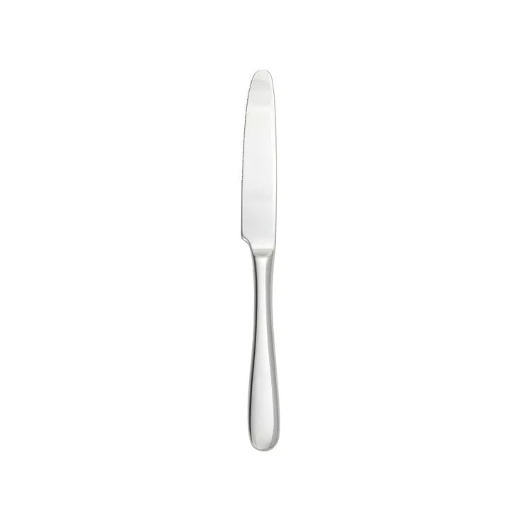 Cuchillo de mesa SH (mango sólido) en acero inoxidable de la colección Grand City de Fortessa, mostrando su pulido espejo y perfil rectilíneo.