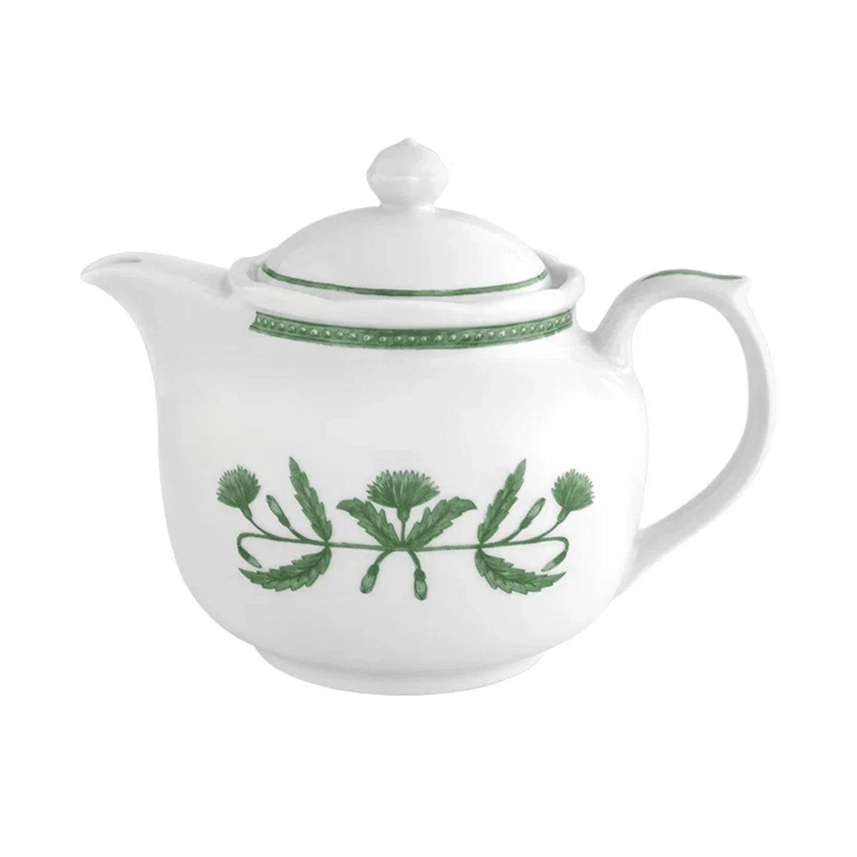 Vista lateral de la tetera grande de 80 cl con tapa en porcelana blanca con ribete verde de la colección Jane Verde de Vista Alegre Hotelware para canal HORECA.