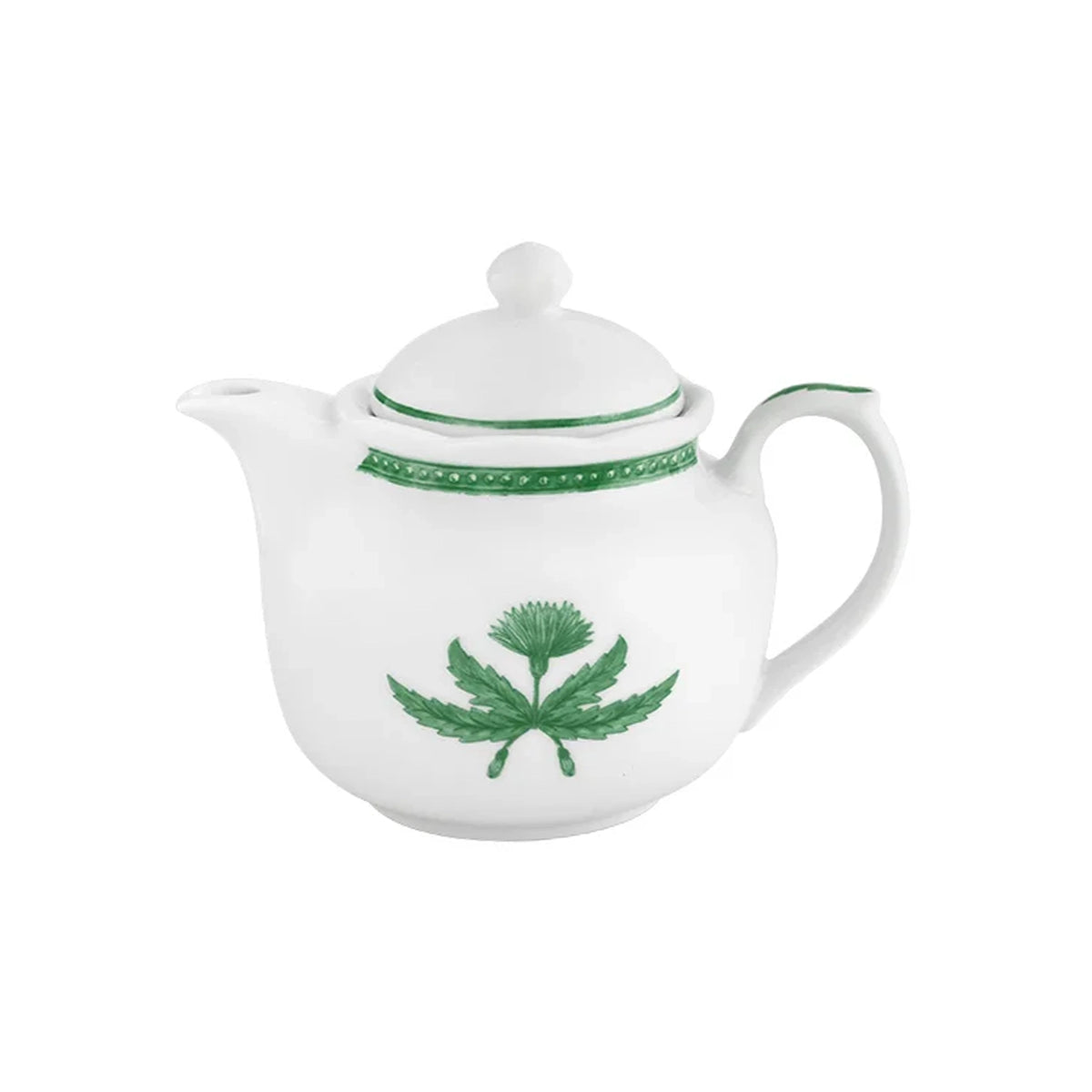 Vista en perspectiva de la tetera pequeña de 40 cl con tapa en porcelana blanca con ribete verde de la colección Jane Verde de Vista Alegre Hotelware para canal HORECA.