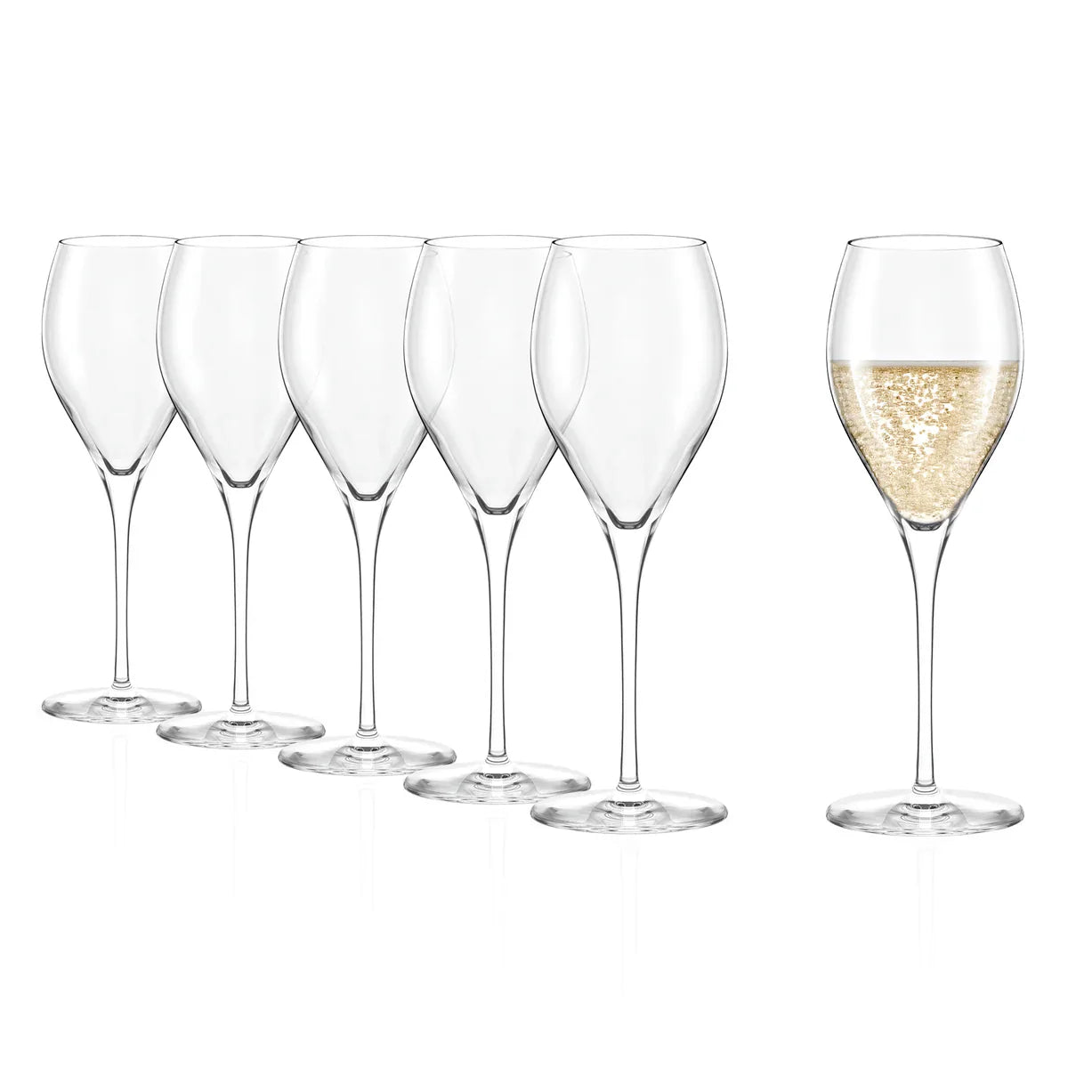 Set de copas Champagne Prestige Stolzle Lausitz brindando, destacando su calidad y brillo.
