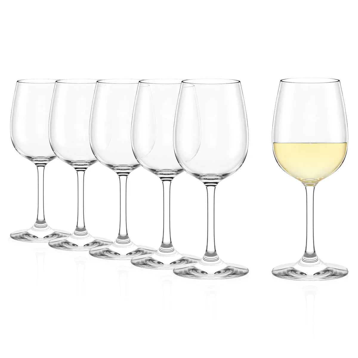 Juego de Copas de Vino Blanco WEINLAND Stolzle Lausitz en mesa elegante.